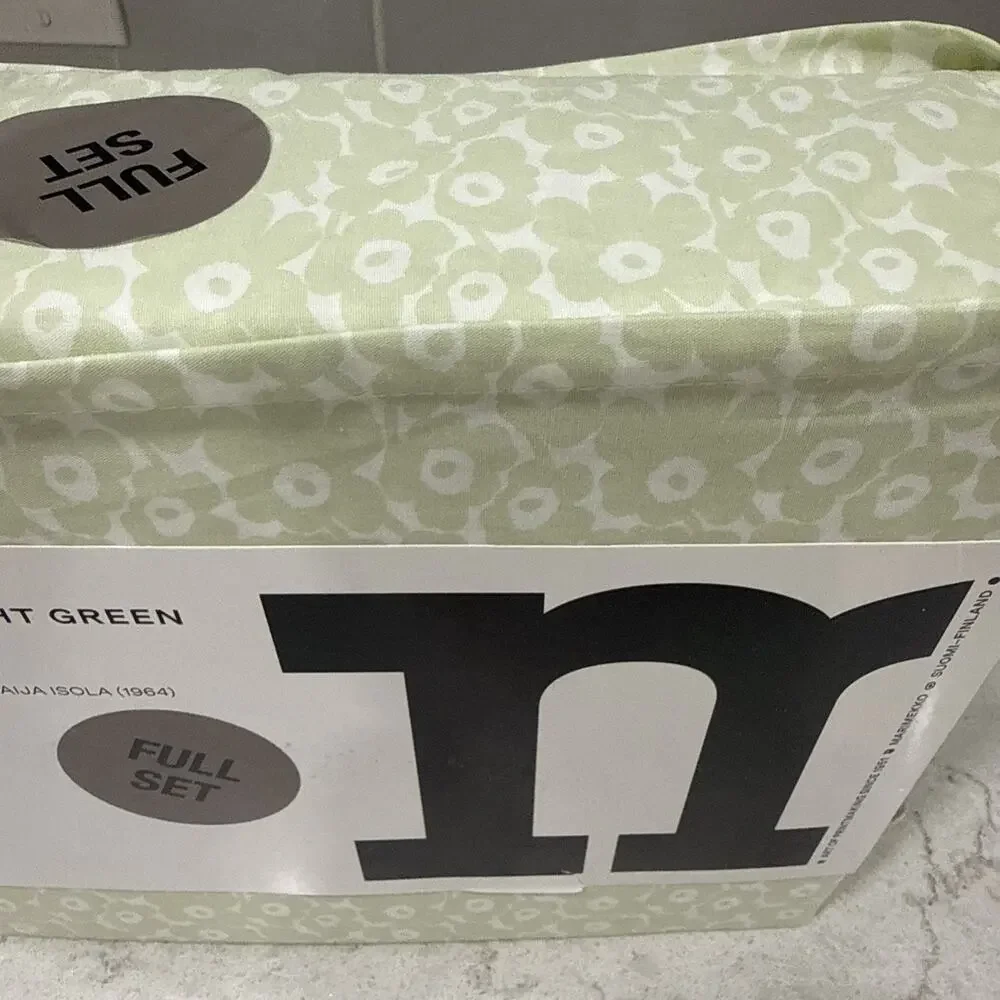 Marimekko PIKKUINEN UNIKKO GREEN 100% Cotton 4 pc Full Sheet Set New